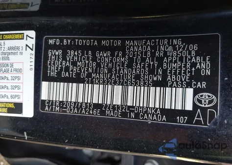 2007 Toyota Matrix Xr из США, поврежденный, VIN 2T1KR32E37C653835